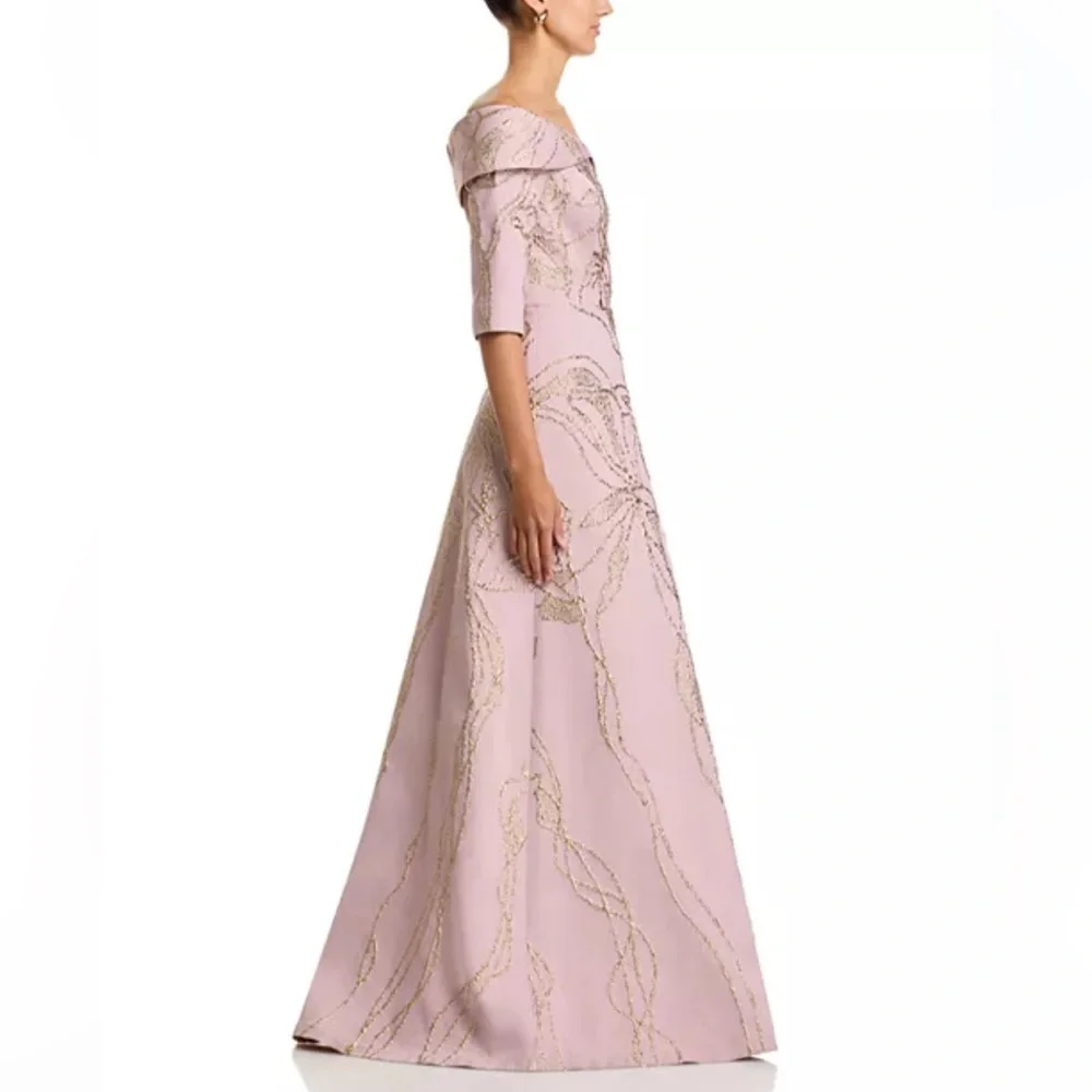 Teri Jon By Rickie Freeman Jacquard Folded Off-The-Shoulder Elbow Sleeve Gown 8 - Picture 3 of 10